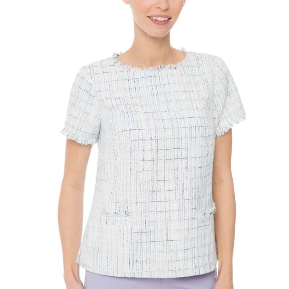 STS Sail to Sable Women's White Blue Aqua Frayed Tweed Zipper Top Size Small